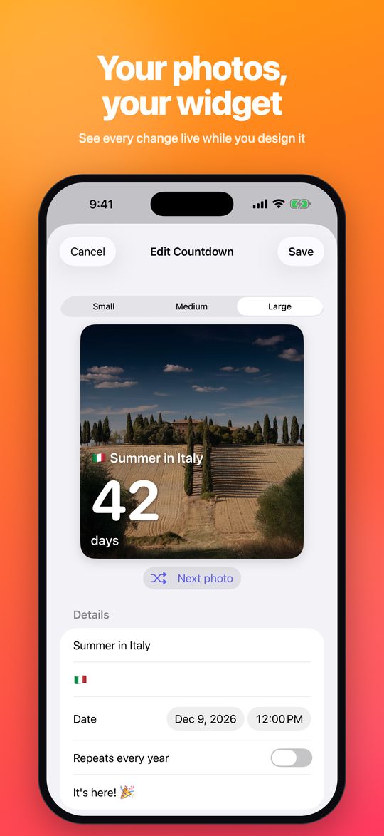 Editing a countdown with a live widget preview