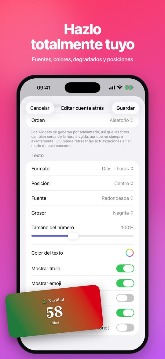 Opciones de fuente, color y posición